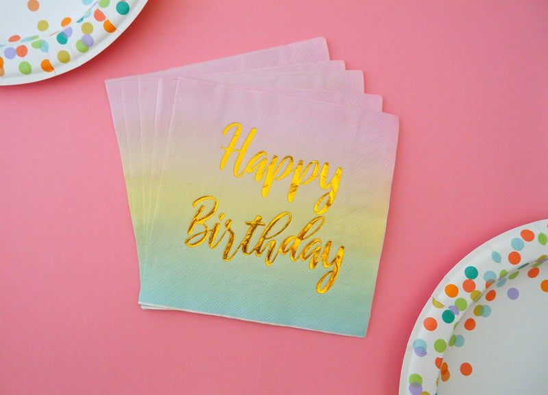 Partay Shenanigans Happy Birthday Napkins - 50 Pack Pastel Metallic Birthday Disposable Paper Napkins with Gold Foil Printing on Pink Yellow Blue Ombre Gradient for Cocktail Party Supplies - 6.5" x 6.5" inches - Image 5